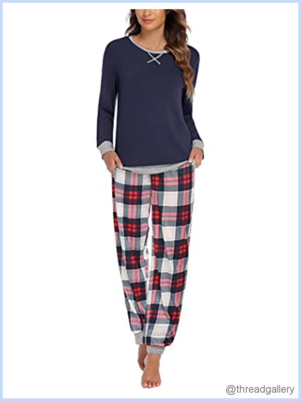 Ekouaer Women's 2-Piece Long Sleeve Pajama Set Plaid Jogger Lounge Set